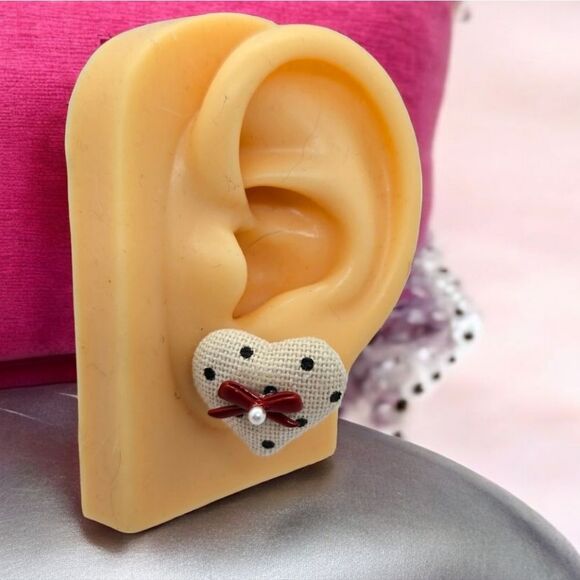 Polka-Dot Heart-Shaped Earrings Red Bow Puffed Fabric Retro Women's Jewelry New - Picture 5 of 8